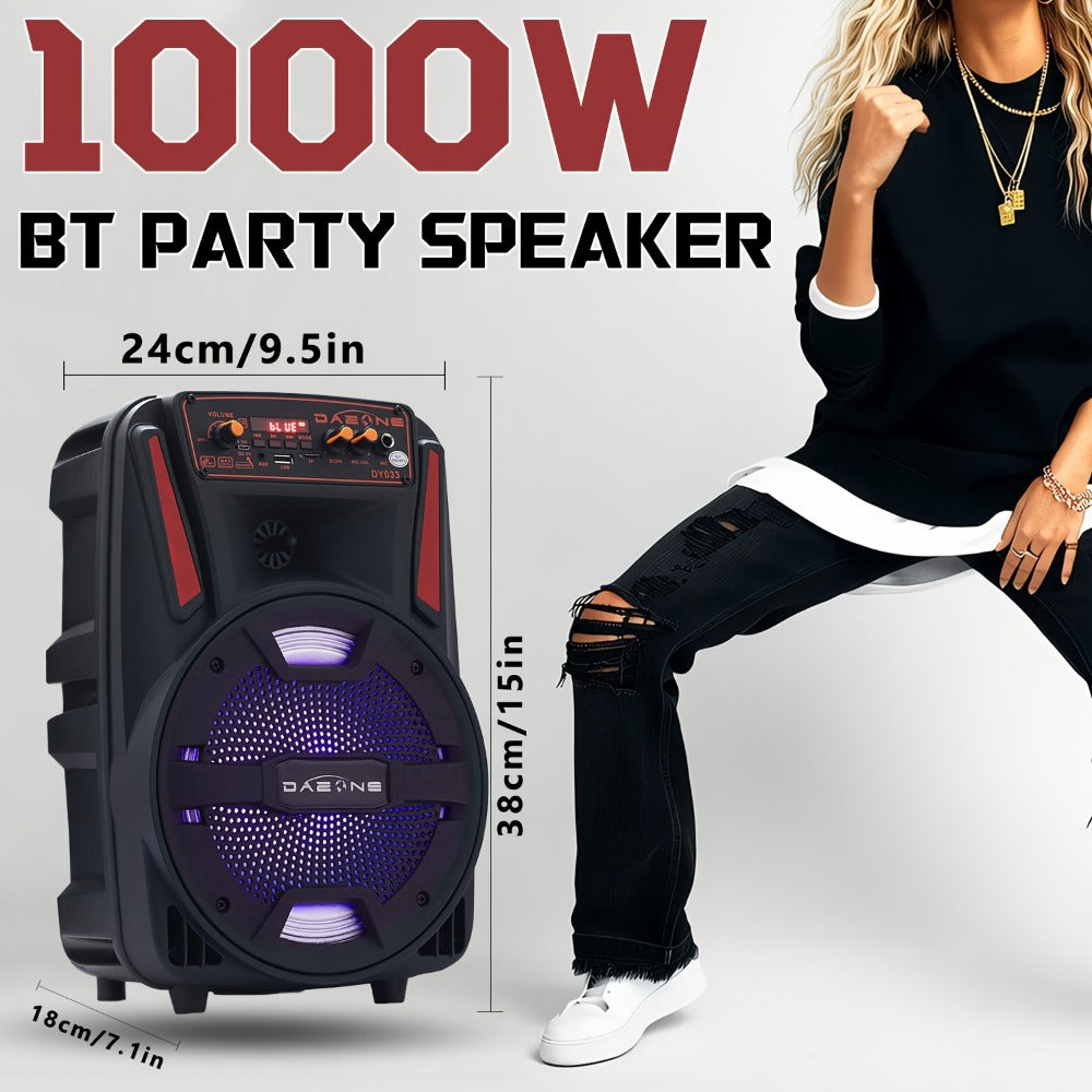 1000W Portable Party Speaker with 8-Inch Woofer, Karaoke Microphone, RGB Lights, Bluetooth, FM, USB & TWS