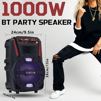 1000W Portable Party Speaker with 8-Inch Woofer, Karaoke Microphone, RGB Lights, Bluetooth, FM, USB & TWS