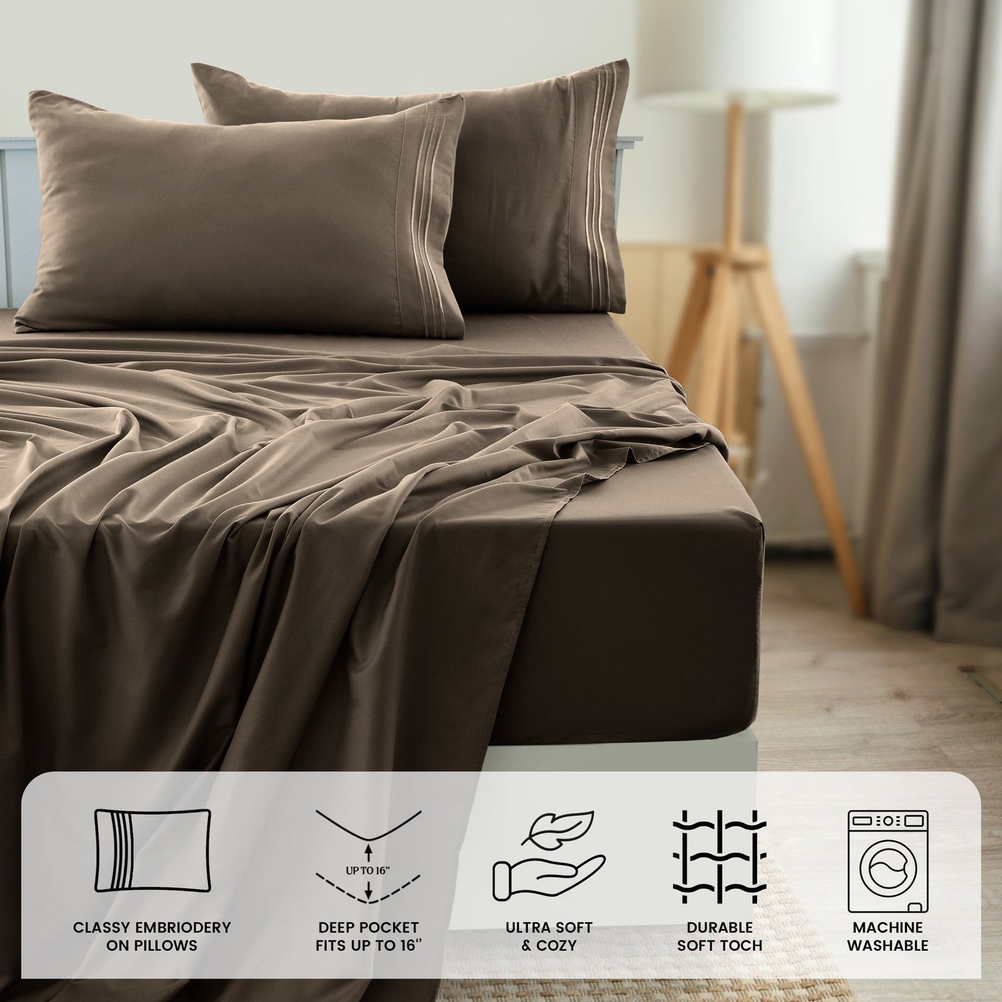 Fitted Sheet Set 6-Piece Brushed Polyester Deep Pocket Bed Sheets 20 Colors Hotel Luxury Bedding with Embroidered Pillowcases