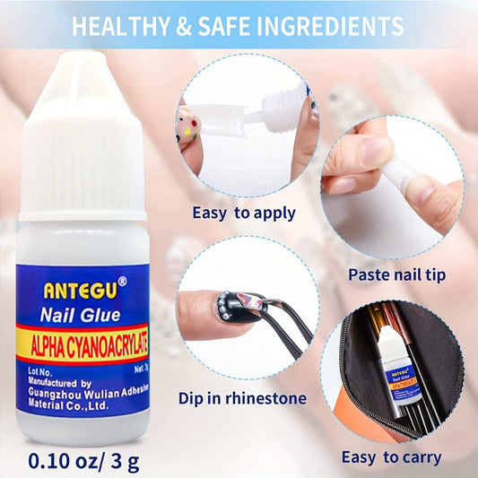Nail Glue Set, ANTEGU 20 Pointed-Nozzle Bottles for Press-On Nails, Nail Tips, Rhinestones and Nail Repair