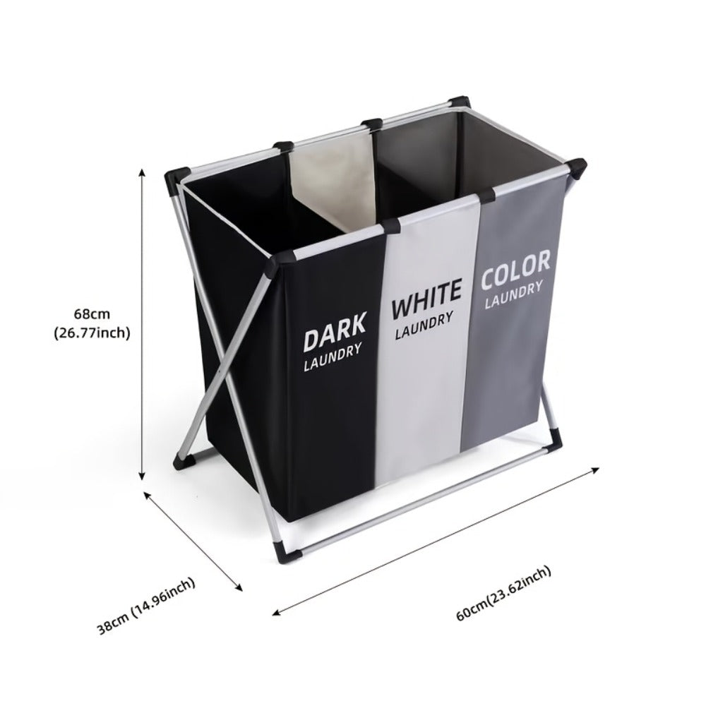 Laundry Hamper Sorter 3-Section Foldable Basket with Oxford Bags Large Rectangular Hamper with Handles Durable Fabric for Home Dorm Bathroom