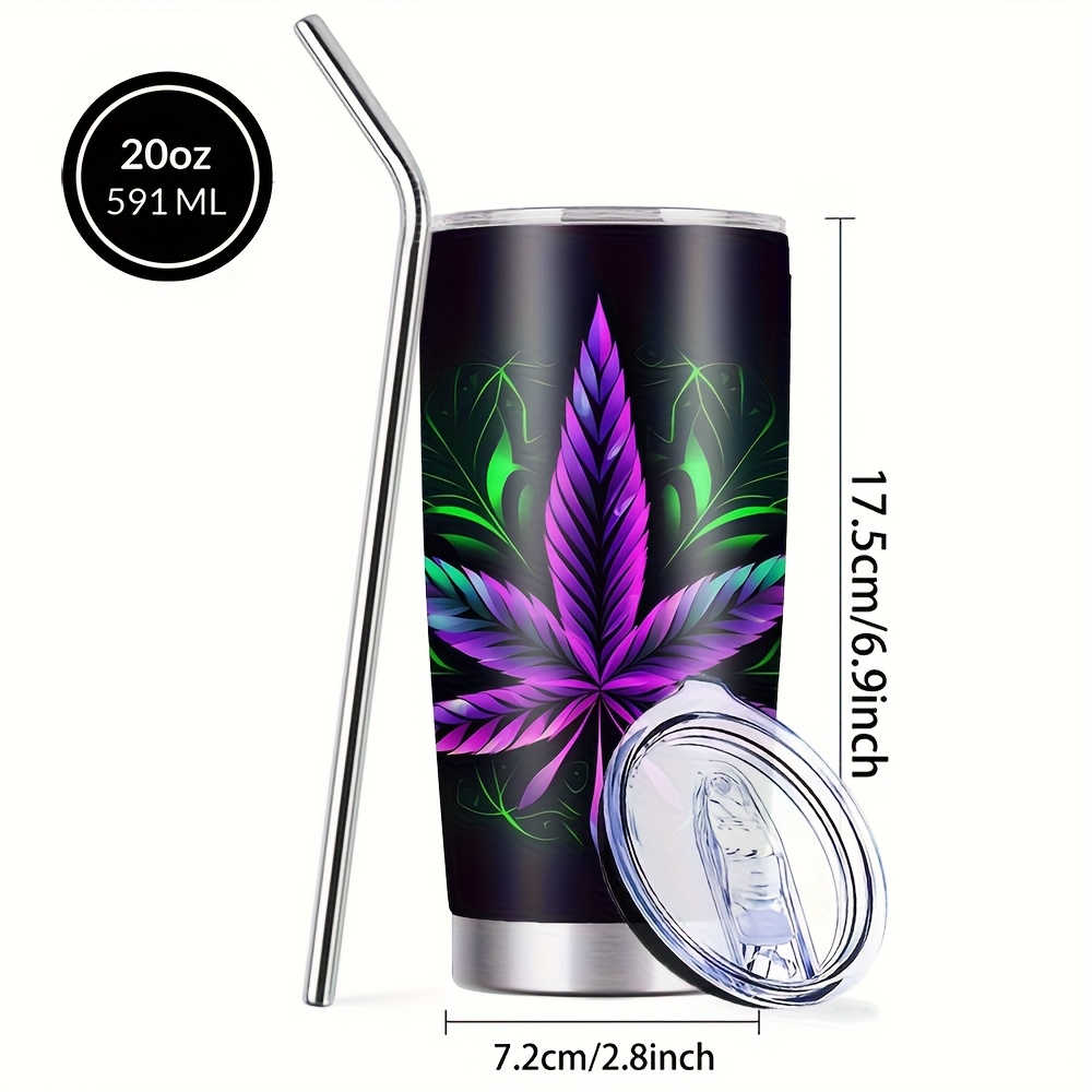 20oz Black Tumbler with Purple Leaf Graphic, Clear Lid and Metal Straw, 7.2 x 17.5 cm Pictured Size