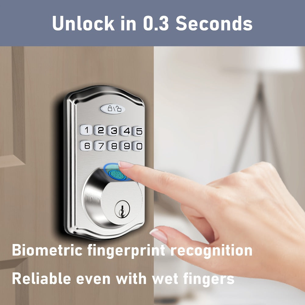 Smart Door Lock Deadbolt with Fingerprint Keypad App and Key Access in Black or Silver Options