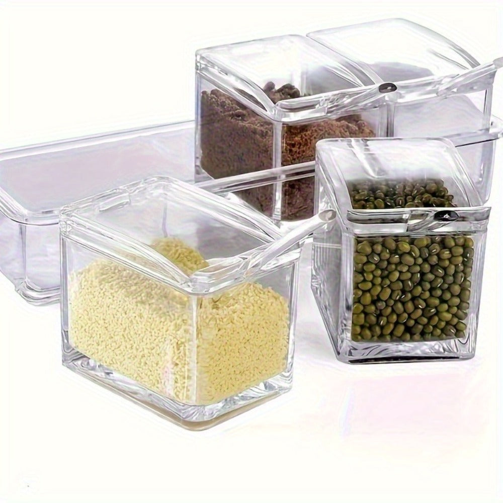 Four-Grid Clear Spice Box Set with Individual Flip-Top Lids, Shared Base, Four Compartments and 26cm Length