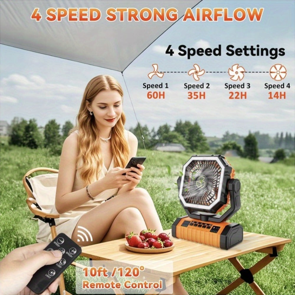 Outdoor Fan, 20000mAh with Built-In LED Light, USB Rechargeable Portable Outdoor Fan with Sturdy Handle, Rugged Compact Design for Tent