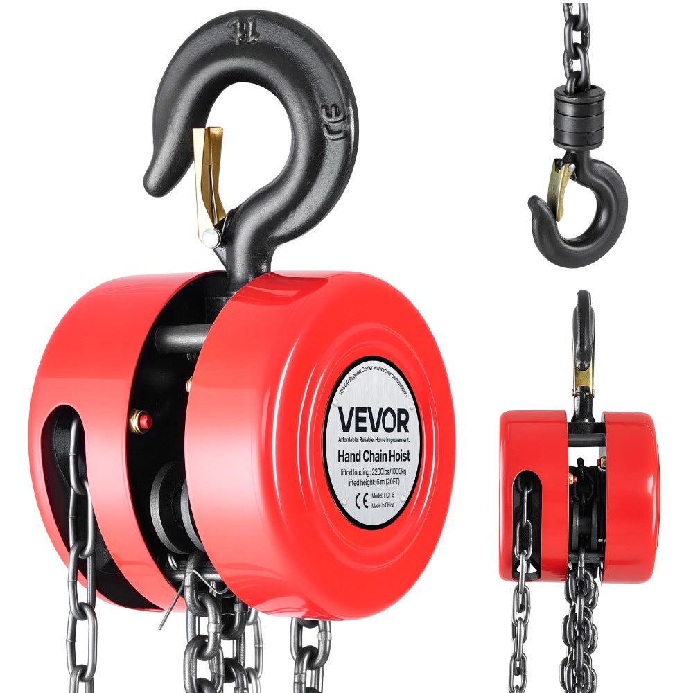 Hand Chain Hoist / Manual Chain Block with G70 Chain, 8 ft / 10 ft / 20 ft Lift Height, 360° Rotating Hooks