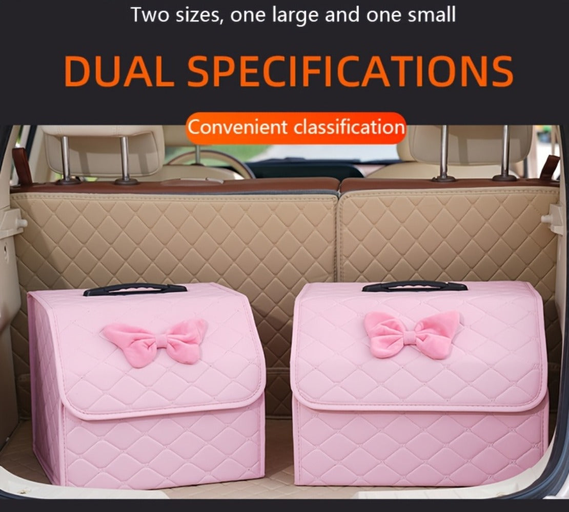 Car Trunk Organizer, Foldable Faux Leather Bow-Detail Box in 30L or 35L Size with Pink and Black Options