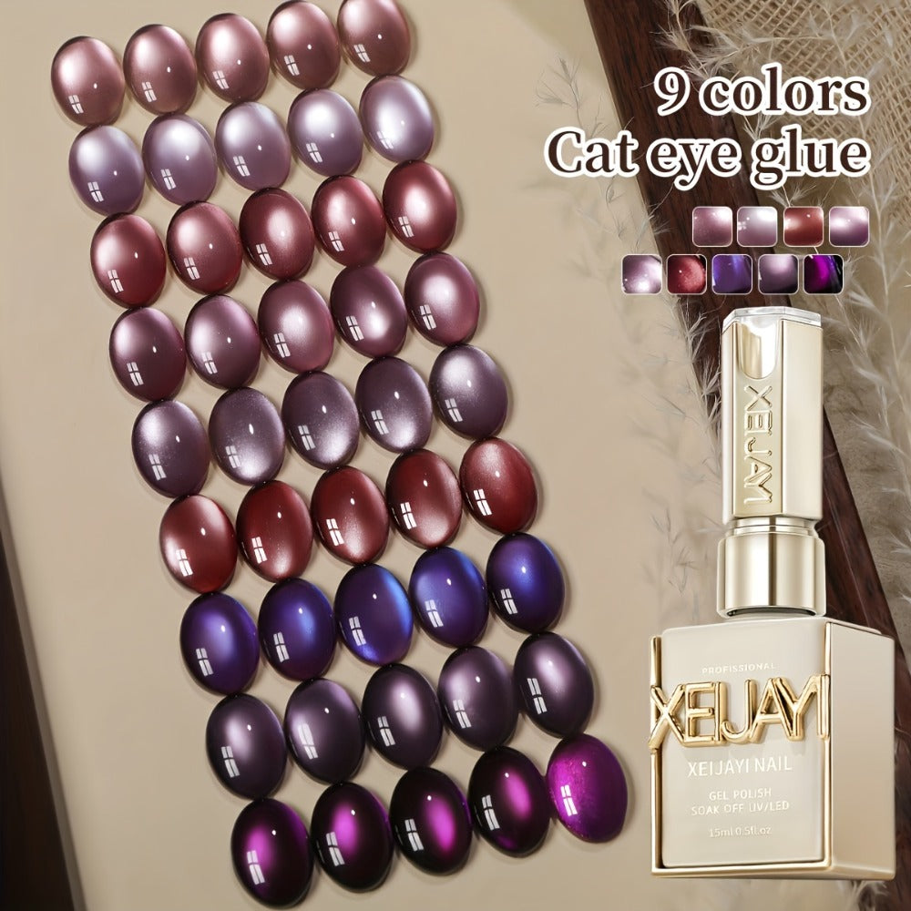 Purple Cat Eye Magnetic Gel Polish Set 9 Colors UV LED Soak Off | 3D Light-Shifting Effect 0.51oz Each Long Lasting Chip-Free | Salon & Home