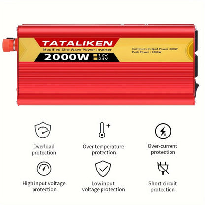 Red 2000W-Labeled Car Power Inverter with 12V Battery Clamp Leads, 110V AC Outlets and Cooling Fan