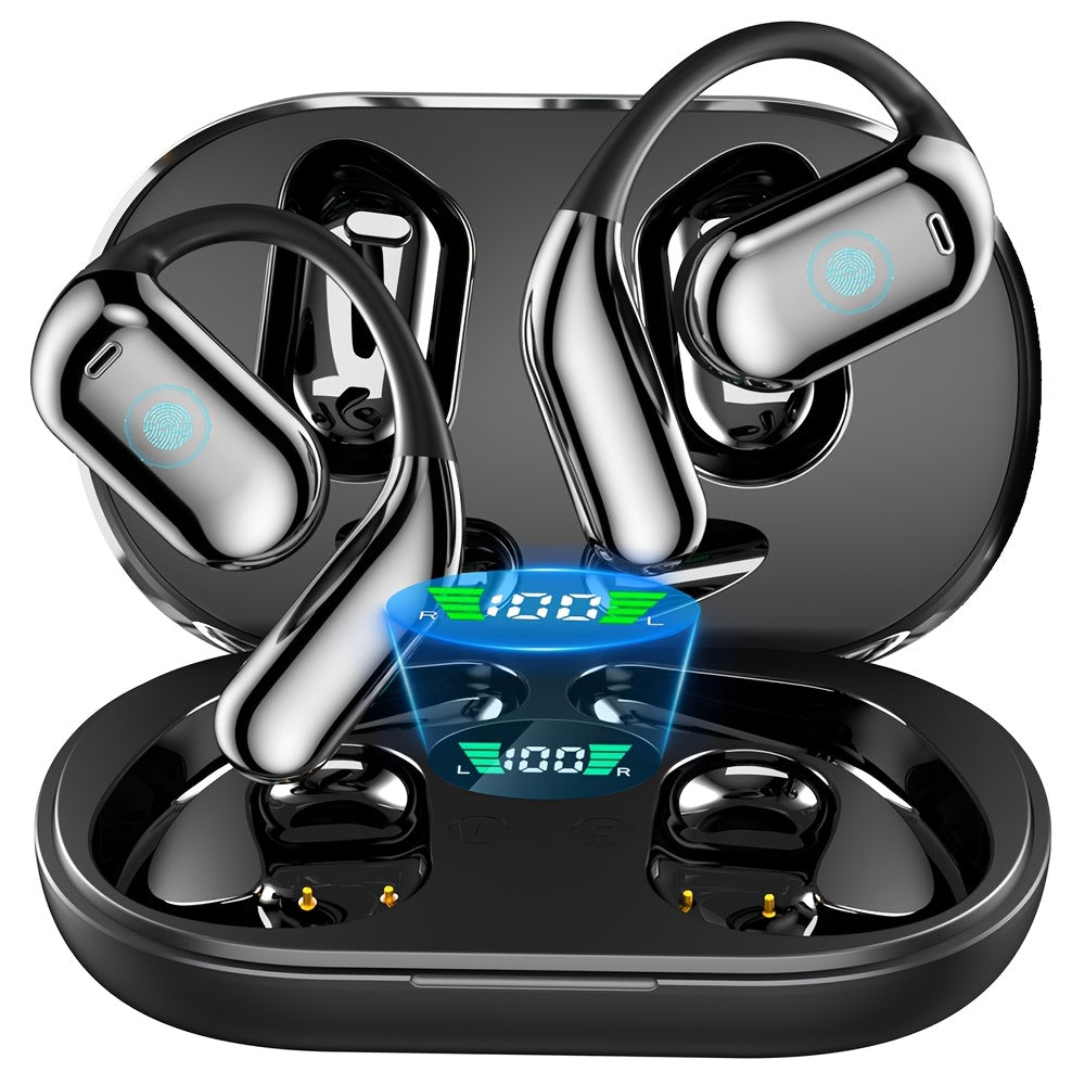 Wireless Earbuds Eloriorz Open-Ear Hooks with Bluetooth 5.3, LED Display and Black or Beige Color Options