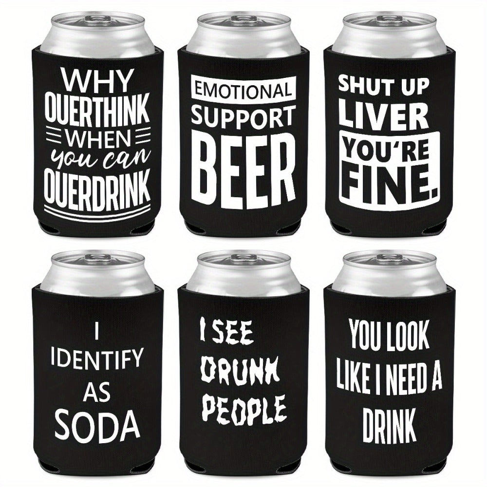 6-Pack Neoprene Beer Can Coolers with Funny Drinking Phrases – Insulated Drink Sleeves for Soda & Lager – Durable Cylindrical Can Huggers