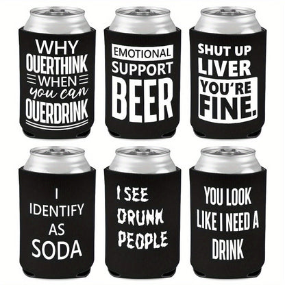 6-Pack Neoprene Beer Can Coolers with Funny Drinking Phrases – Insulated Drink Sleeves for Soda & Lager – Durable Cylindrical Can Huggers