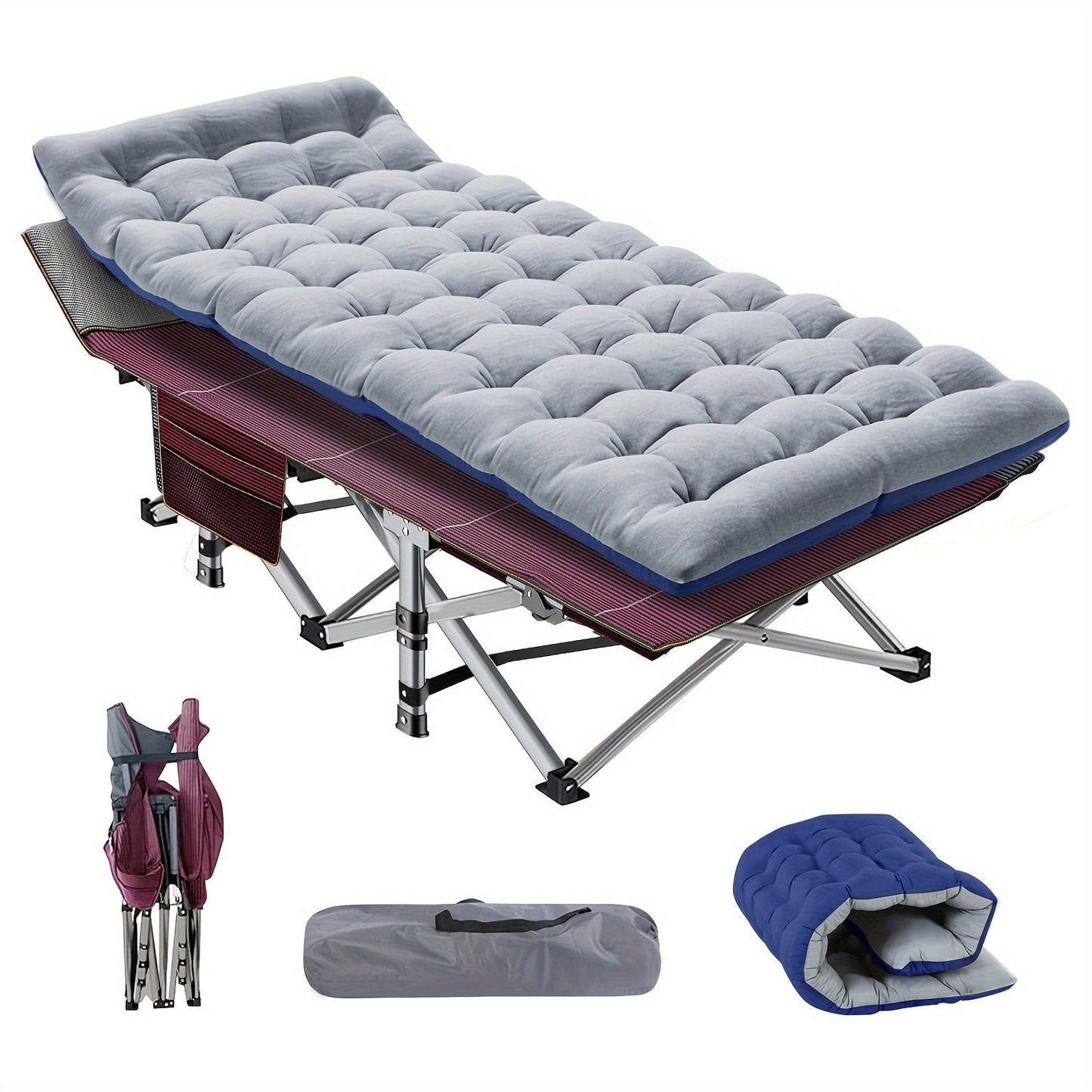 Heavy Duty Folding Camping Cot 75 Inch Portable Sleeping Bed with Carry Bag Guest Bed for Adults Outdoor Camping Hiking Home Use Gray Wine