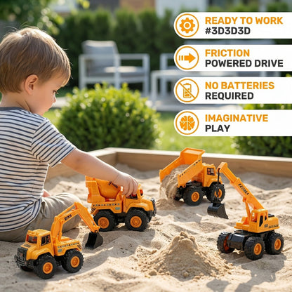 4-Piece Construction Truck Set for Kids, Excavator Dump Truck Crane Cement Mixer Sandbox STEM Engineering Vehicle Playset