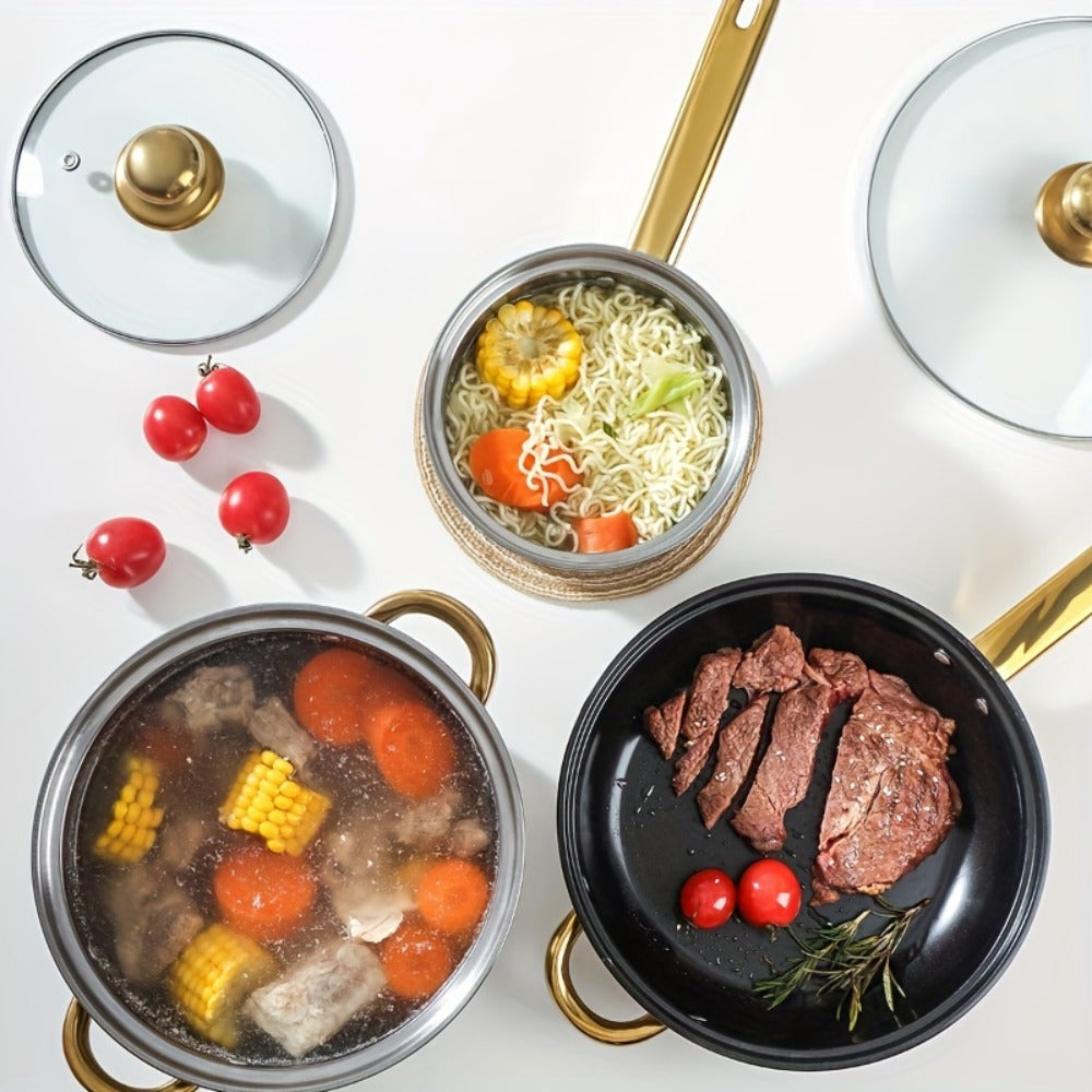 Cookware Set, 10-, 12- or 15-Piece Stainless Steel Deep Pots with Glass Lids, Double Handles and Three Finishes