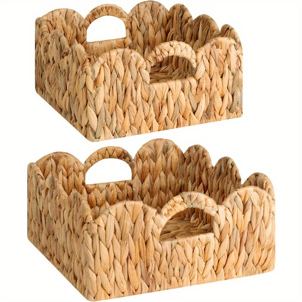 Scalloped Wicker Storage Baskets Set of 2 with Handles in Water Hyacinth or Seagrass Weave