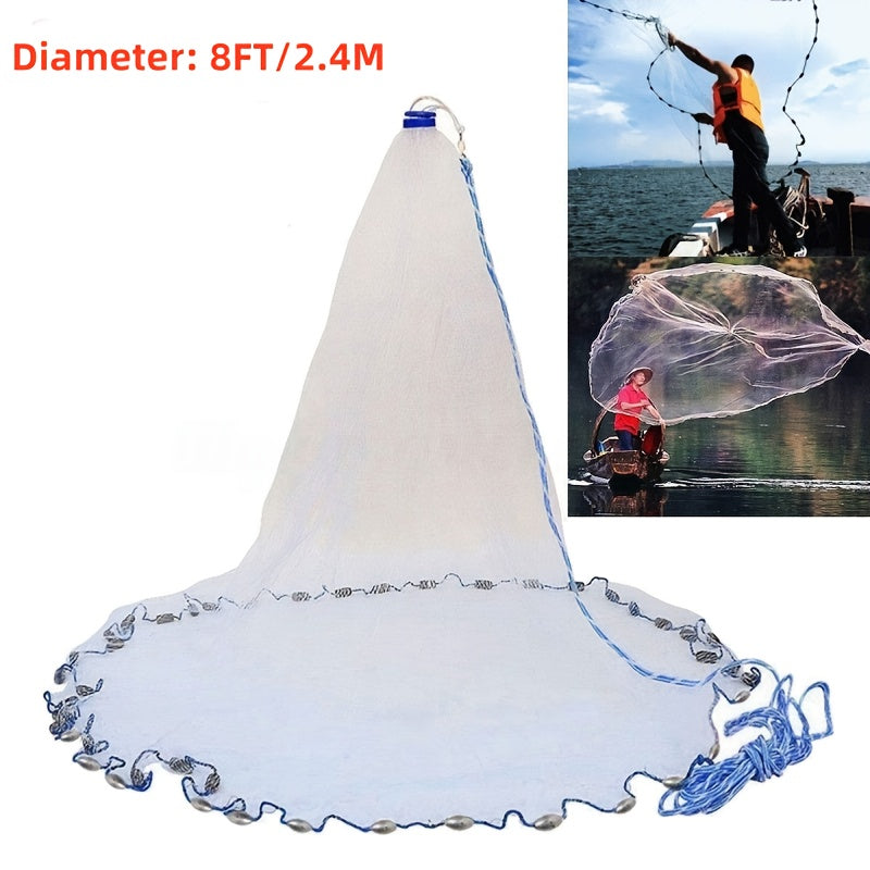 Throw Cast Net 8FT 10FT Transparent Thread Nylon Mesh 3/8in, Galvanized Zinc Sinkers 26ft PE Braid Hand Line No-Ring Design for Shrimp Bait