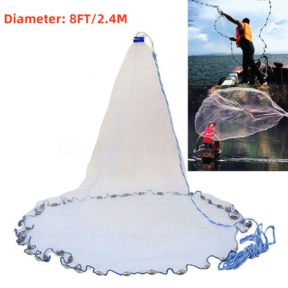 Throw Cast Net 8FT 10FT Transparent Thread Nylon Mesh 3/8in, Galvanized Zinc Sinkers 26ft PE Braid Hand Line No-Ring Design for Shrimp Bait