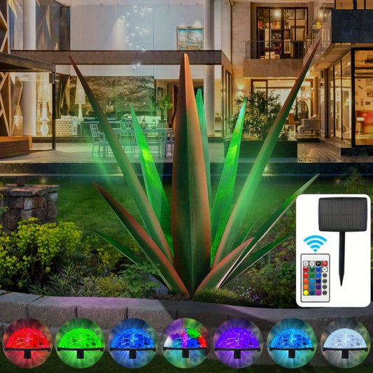 Solar Powered Agave Metal Sculpture Garden Statue – Hand-Painted Rustic Agave Figurine with LED Light & Remote Control