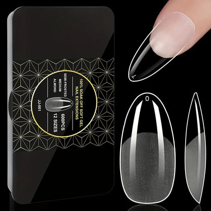 Gel Nail Tips 600 Pieces Clear Crystal Full Cover Nail Extensions – Almond Oval Coffin Stiletto Square Short Medium Long Soft Gel False
