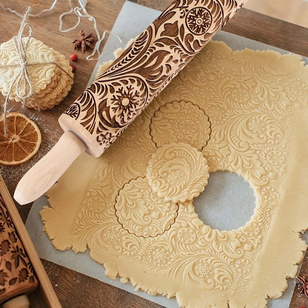 Embossed Wooden Rolling Pin with Engraved Pattern, Decorative Patterned Rolling Pin for Cookie Baking