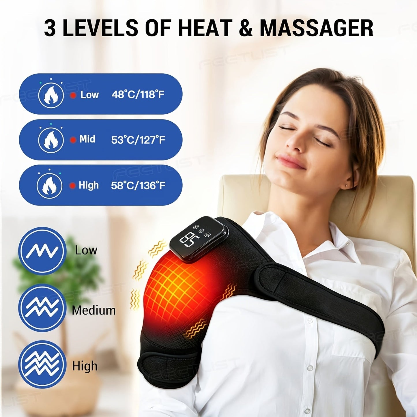 Cordless Heated Shoulder Massager with Vibration – 3 Heat Levels & 3 Vibration Intensities Electric Heating Pad for Shoulder