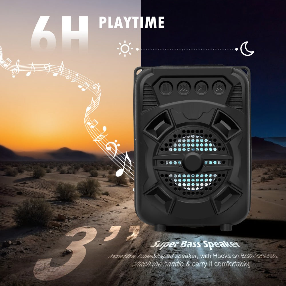 Portable Bluetooth Speaker with LED Light, Stereo Bass and Up to 10 Hours Playtime in Black