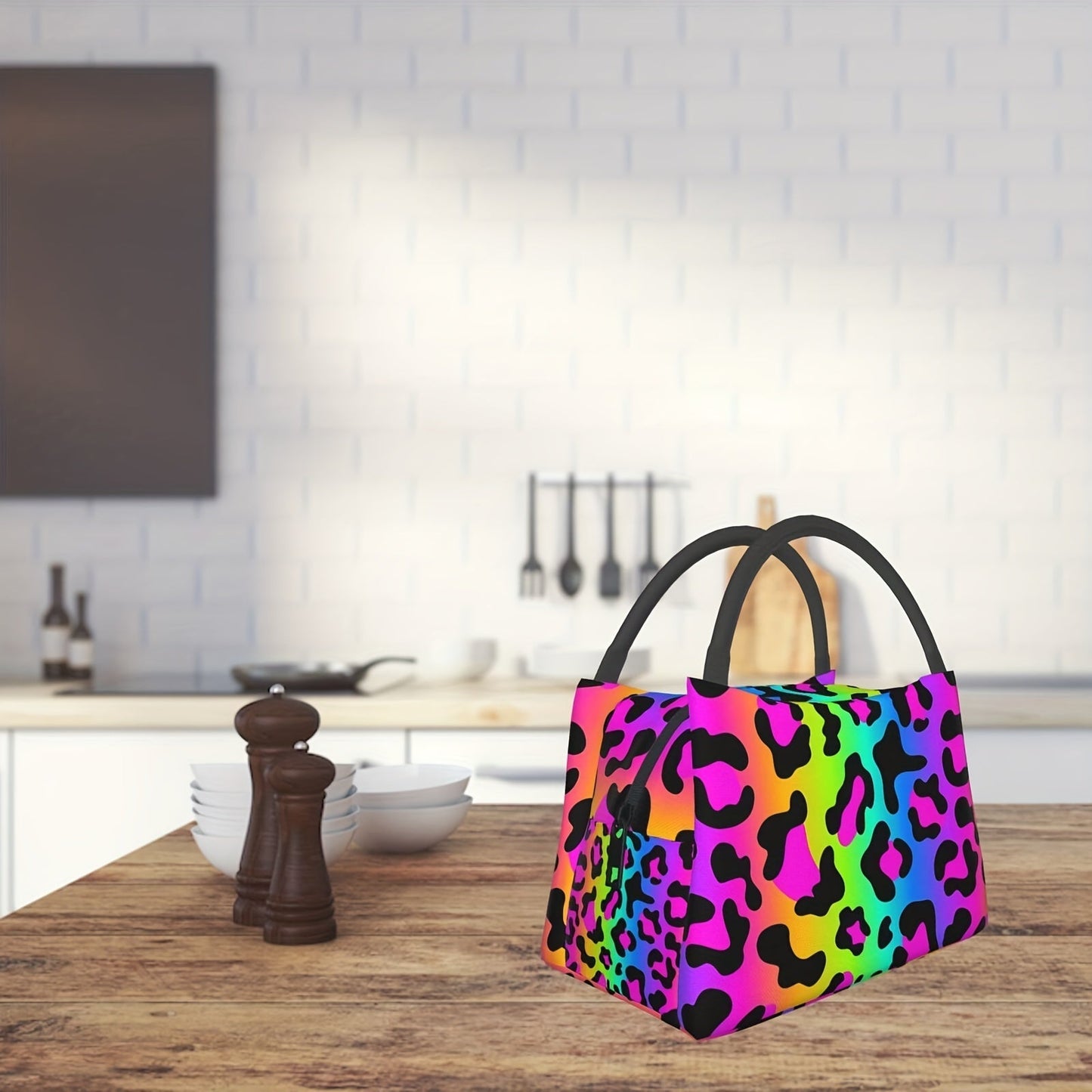 Multicolor Leopard-Print Lunch Tote with Black Handles in an 11 x 6.5 x 7-Inch Checkout Pictured