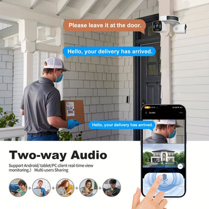 Dual-Lens PTZ Outdoor Security Camera with 2.4GHz WiFi, Wired Power and Single- or Two-Camera Options