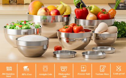 Stainless Steel Mixing Bowls with Airtight Lids Set of 14 Seven Nesting Bowls 0.7 to 4.5QT for Home Cooking, Dining and Outdoor Meals