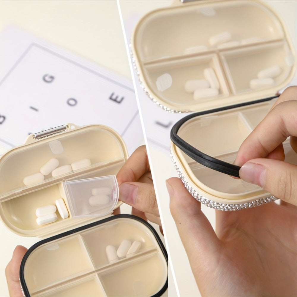 Seven-Compartment Travel Pill Organizer in Nine Square or Oblong Rhinestone Color Checkouts