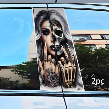 Two-Piece Car B-Pillar Decal Set with Split Skull Portrait Artwork, 48 × 25 cm Flat Sticker Pair