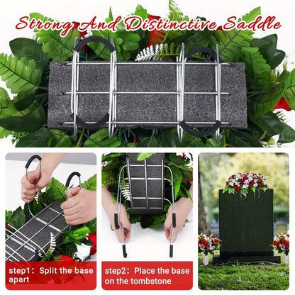 Artificial Cemetery Flowers for Grave with Saddle, Silk Rose Bouquet Headstone Decoration, Memorial Day Grave Flowers
