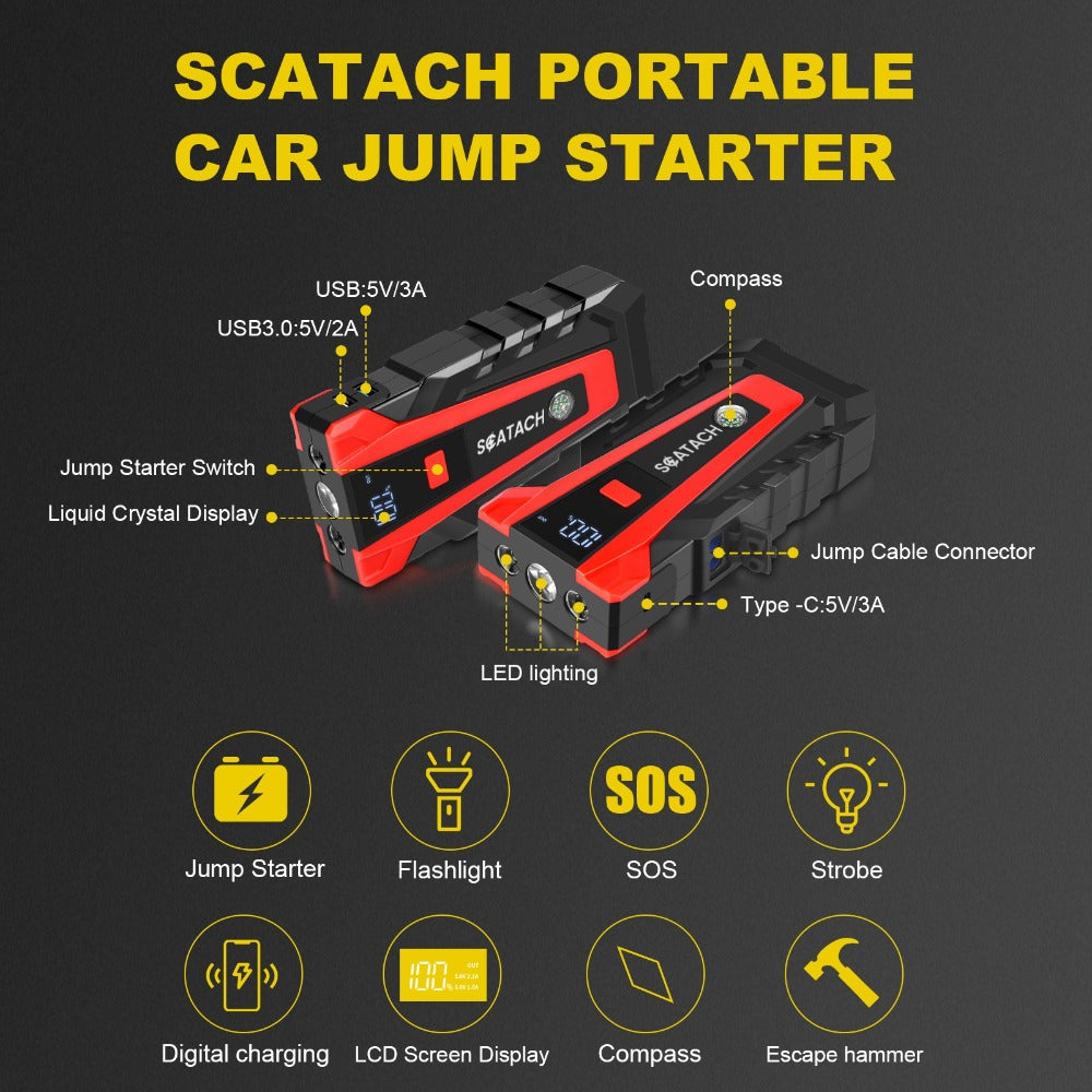 12V Jump Starter with Scatach-011 Base Model or Q27B Start-and-Inflation Package, Digital Display and Clamps