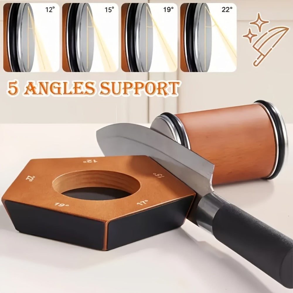 Rolling Knife Sharpener with Two-Angle or Five-Sided Magnetic Base Options in Wood Finish Design