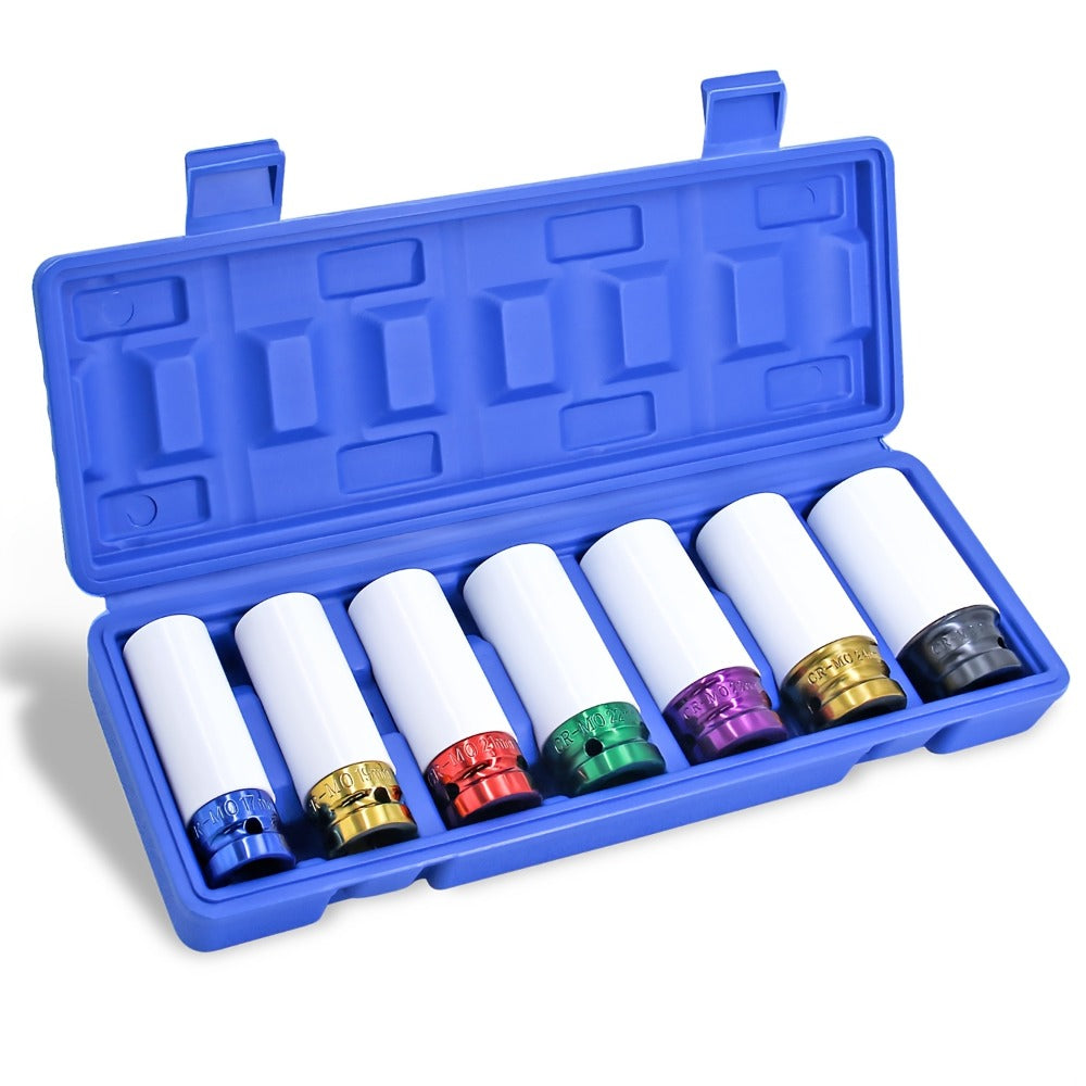 Lug Nut Socket Set 7-Piece 1/2" Drive, Metric 17/19/21/22/23/24/27mm Thin Wall Impact Wheel Sockets with White Covers for Car