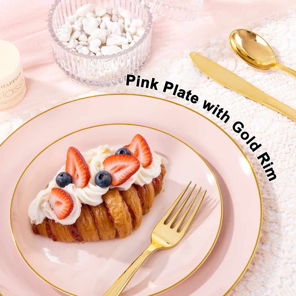 Disposable Plastic Plates Set 50 Piece – Pink Gold Rim Party Tableware with Dinner Plates, Dessert Plates & Utensils for Birthday Wedding