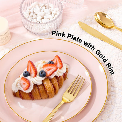 Disposable Plastic Plates Set 50 Piece – Pink Gold Rim Party Tableware with Dinner Plates, Dessert Plates & Utensils for Birthday Wedding
