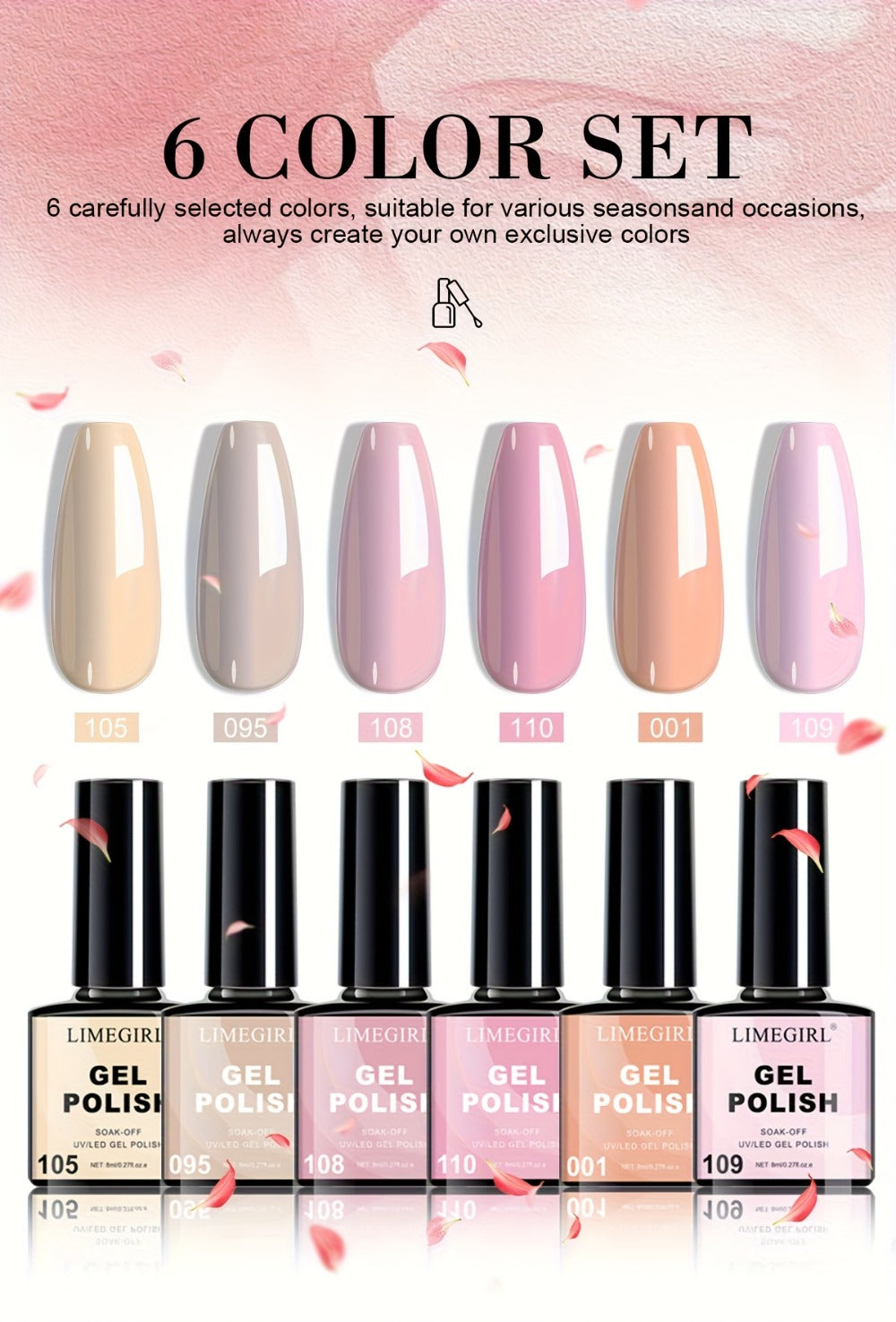 Gel Nail Polish Set with LIMEGIRL Label, 6 Fall Winter Glitter and Solid Colors, Two Palettes
