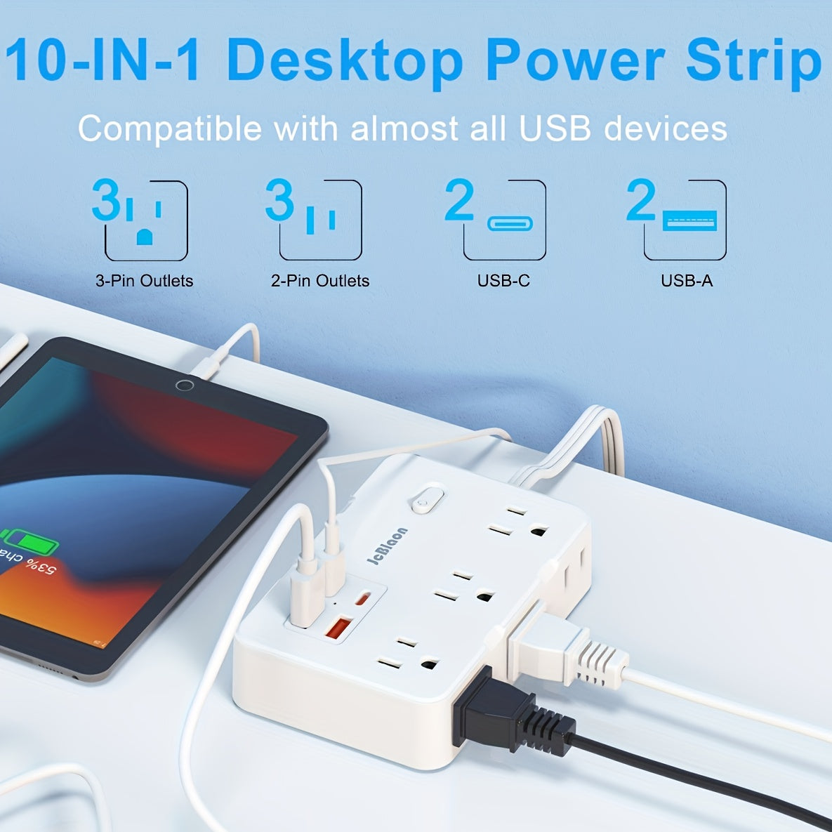 Surge Protector Power Strip 10-in-1 with 6 AC Outlets, 2 USB-A, 2 USB-C, Flat Plug and 5 ft Extension Cord
