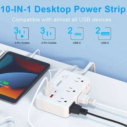 Surge Protector Power Strip 10-in-1 with 6 AC Outlets, 2 USB-A, 2 USB-C, Flat Plug and 5 ft Extension Cord