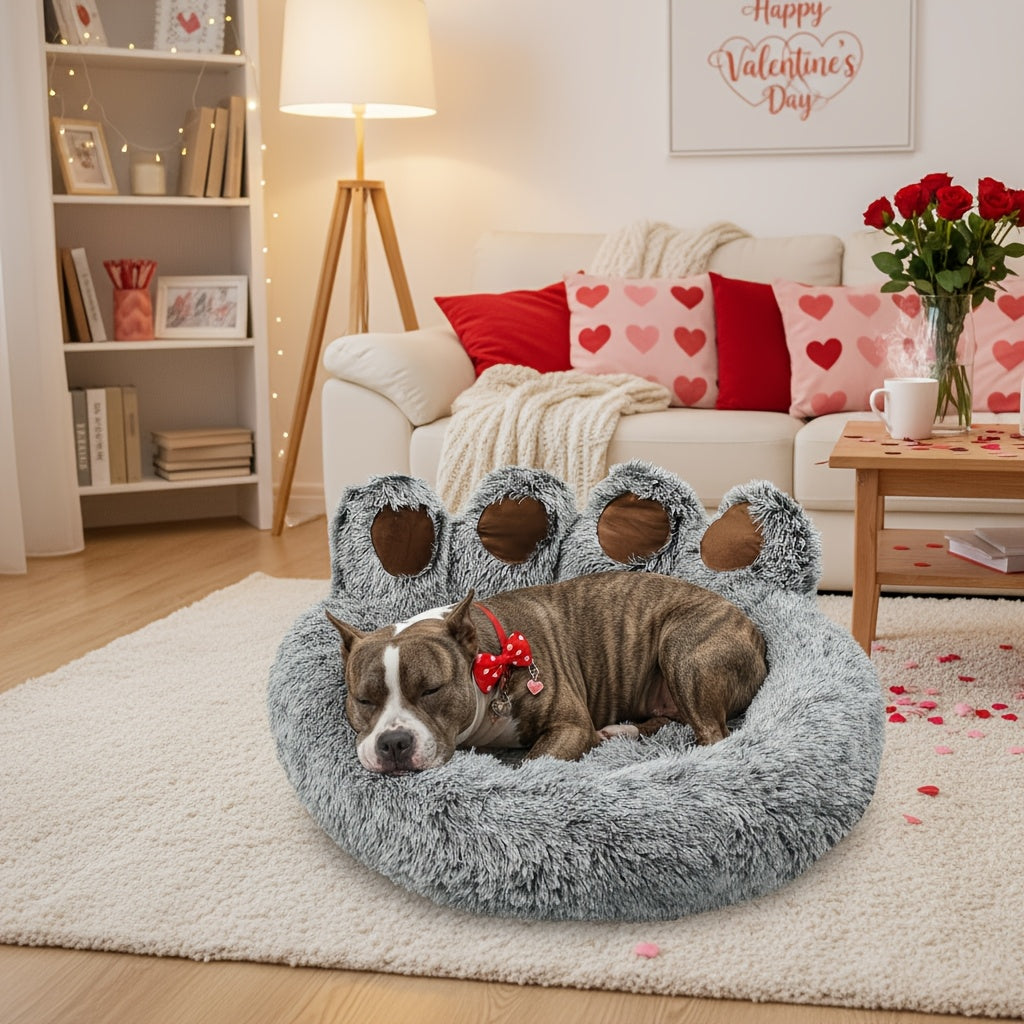 Dog Bed Cat Bed Bear Paw Shaped Donut – Calming Round Plush Pet Mattress, Warm & Soft Cuddler Bed for Dogs and Cats, Includes Pet Scarf