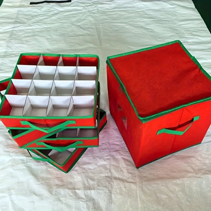Christmas Ornament Storage Box, Holds Up to 64 Holiday Ornaments, Adjustable Dividers, Covered Lid & Dual Handles