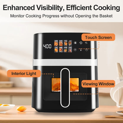 Air Fryer 6QT Multi Function LED Digital Touchscreen Visible Window Oil Free Non-Stick Basket for Entryways, Bedrooms and Living Spaces