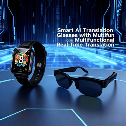 AI Smart Glasses with Real-Time Multi-Language Translation, Bluetooth Wireless Mic & Speaker