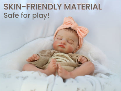 Reborn Baby Doll 20-Inch Sleeping Soft Cloth Body with Striped Outfit, Bow Headband and Feeding Accessories