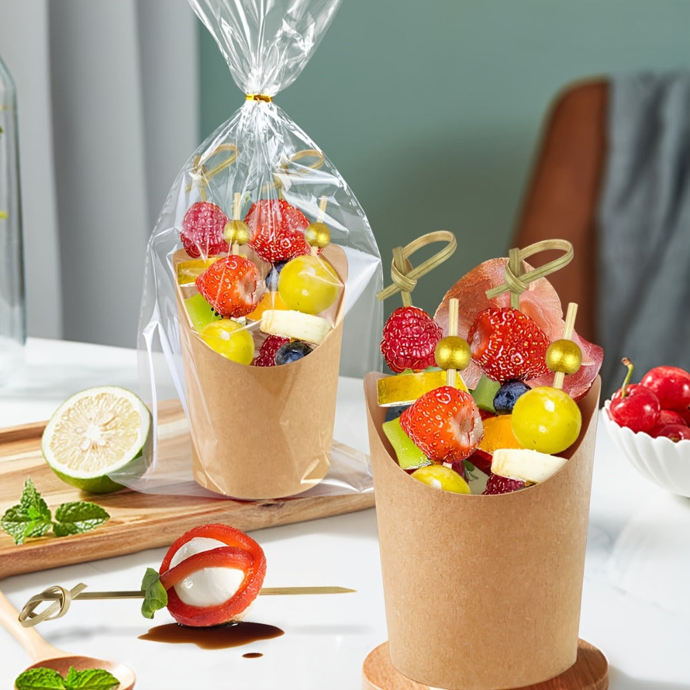 50-Set Kraft-Style Snack Cup Kit with 8-Ounce Cups, Clear Bags and Assorted Serving Picks for Parties