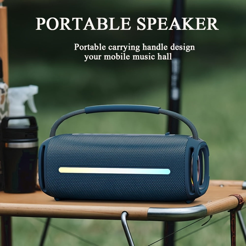 Portable Cylindrical Speaker in Black, Blue or Green with Carry Handle, Dual Light Bars and End-Ring Lighting
