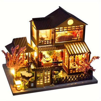 DIY Miniature Dollhouse Kit Sakura Garden Japanese Style, Wooden Tiny House with Tatami Flooring & Furniture