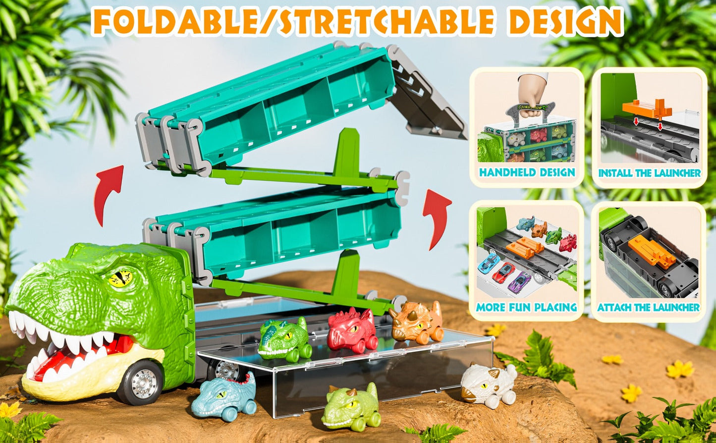Dinosaur Truck Toys 13-in-1 Transport Carrier with 63-Inch Foldable Race Track, 6 Dino Cars + 6 Die-Cast Cars